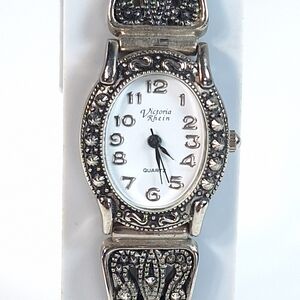 Victoria Rhein Silver Tone Quartz Watch Slim Stretch Band Art Deco, New Battery